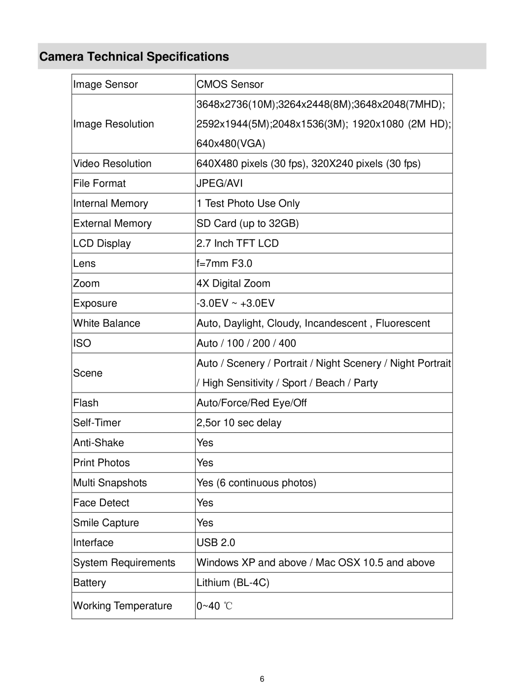 Vivitar VX029STRAW, VX029GRAPH, VX029-GRP, VX029BLACK user manual Camera Technical Specifications, Jpeg/Avi 