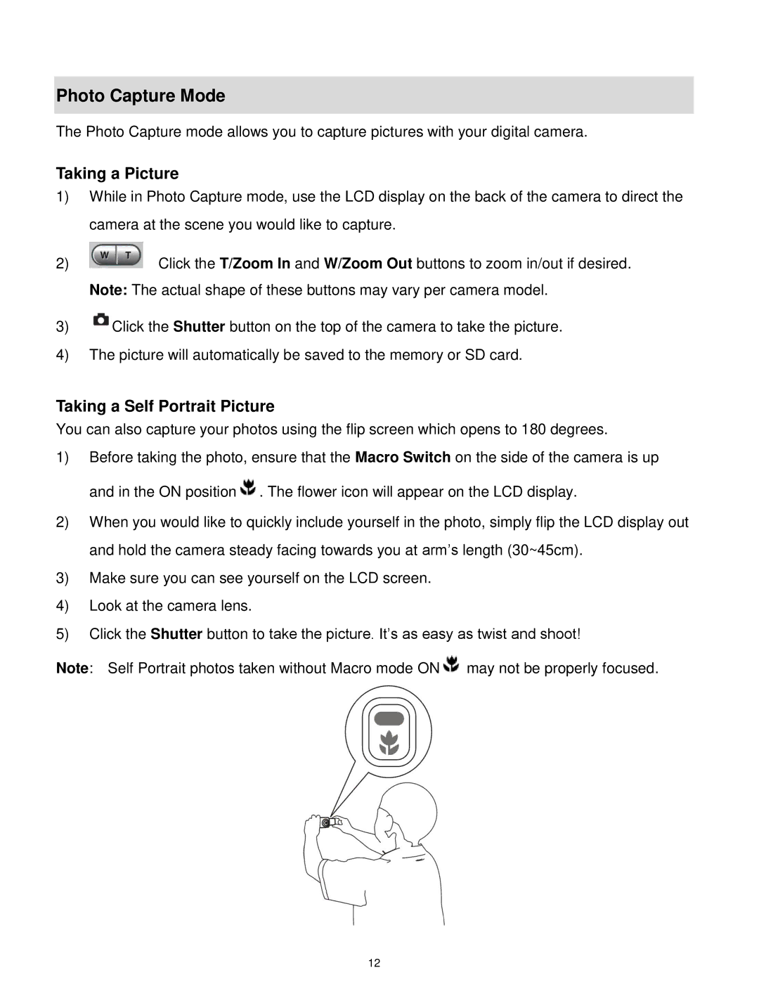 Vivitar X014 user manual Photo Capture Mode, Taking a Picture, Taking a Self Portrait Picture 