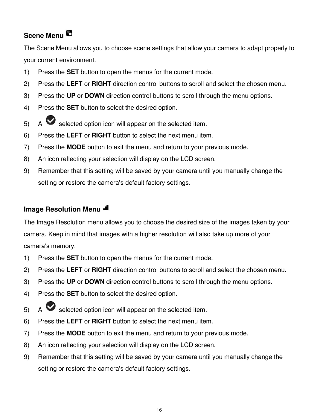 Vivitar X014 user manual Scene Menu, Image Resolution Menu 