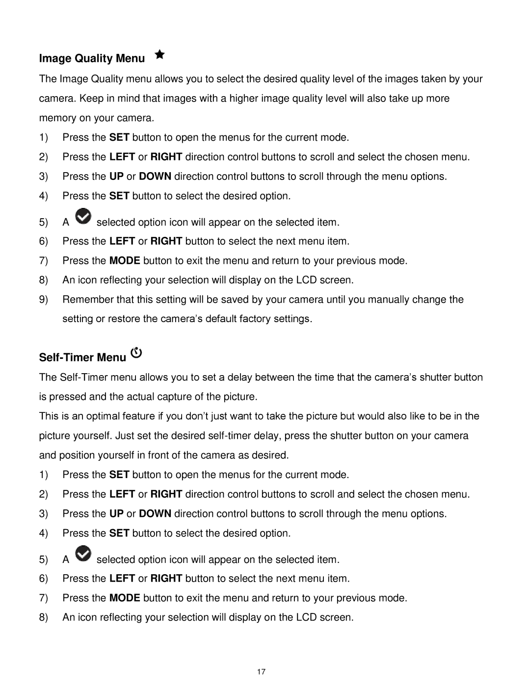 Vivitar X014 user manual Image Quality Menu, Self-Timer Menu 