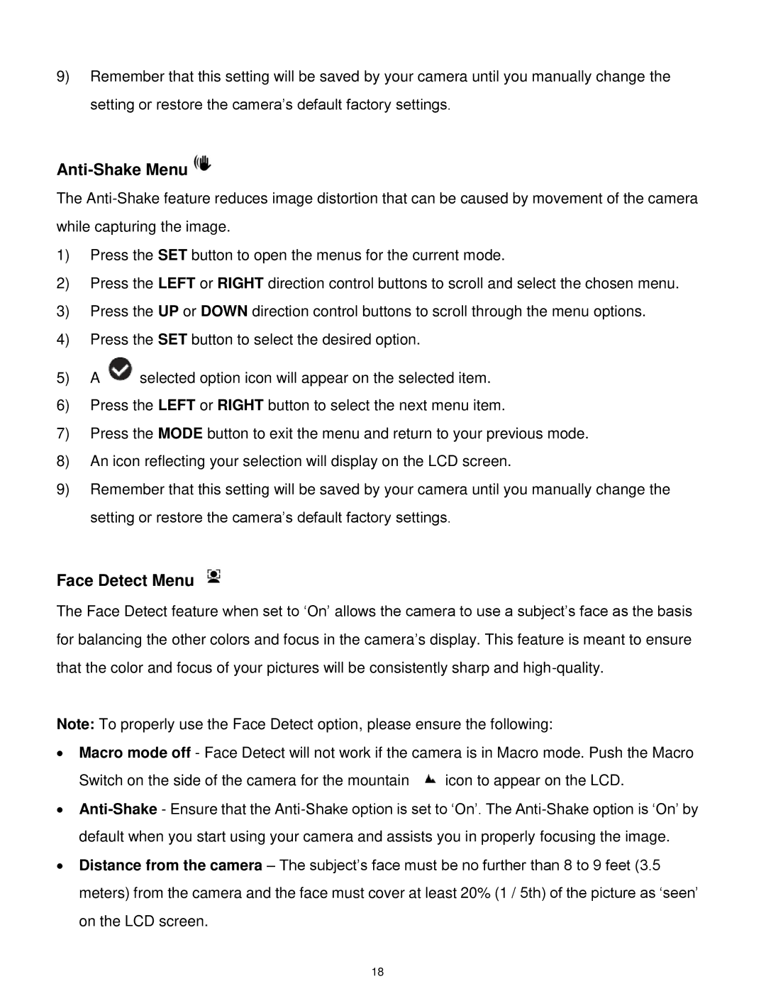 Vivitar X014 user manual Anti-Shake Menu, Face Detect Menu 