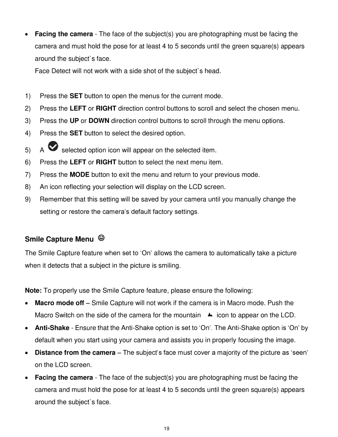 Vivitar X014 user manual Smile Capture Menu 