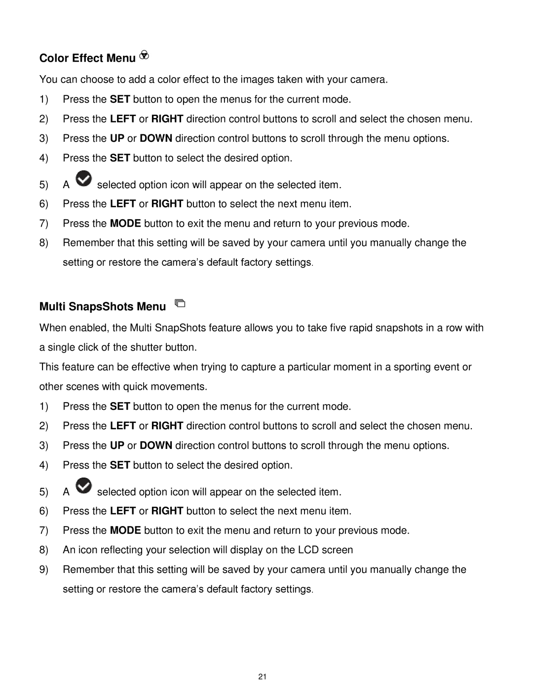 Vivitar X014 user manual Color Effect Menu, Multi SnapsShots Menu 