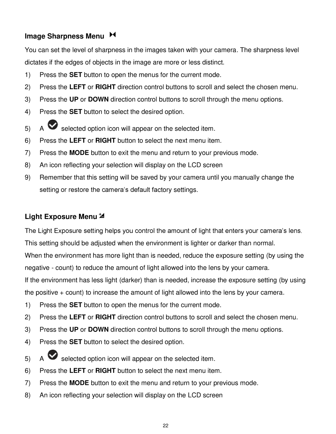 Vivitar X014 user manual Image Sharpness Menu, Light Exposure Menu 