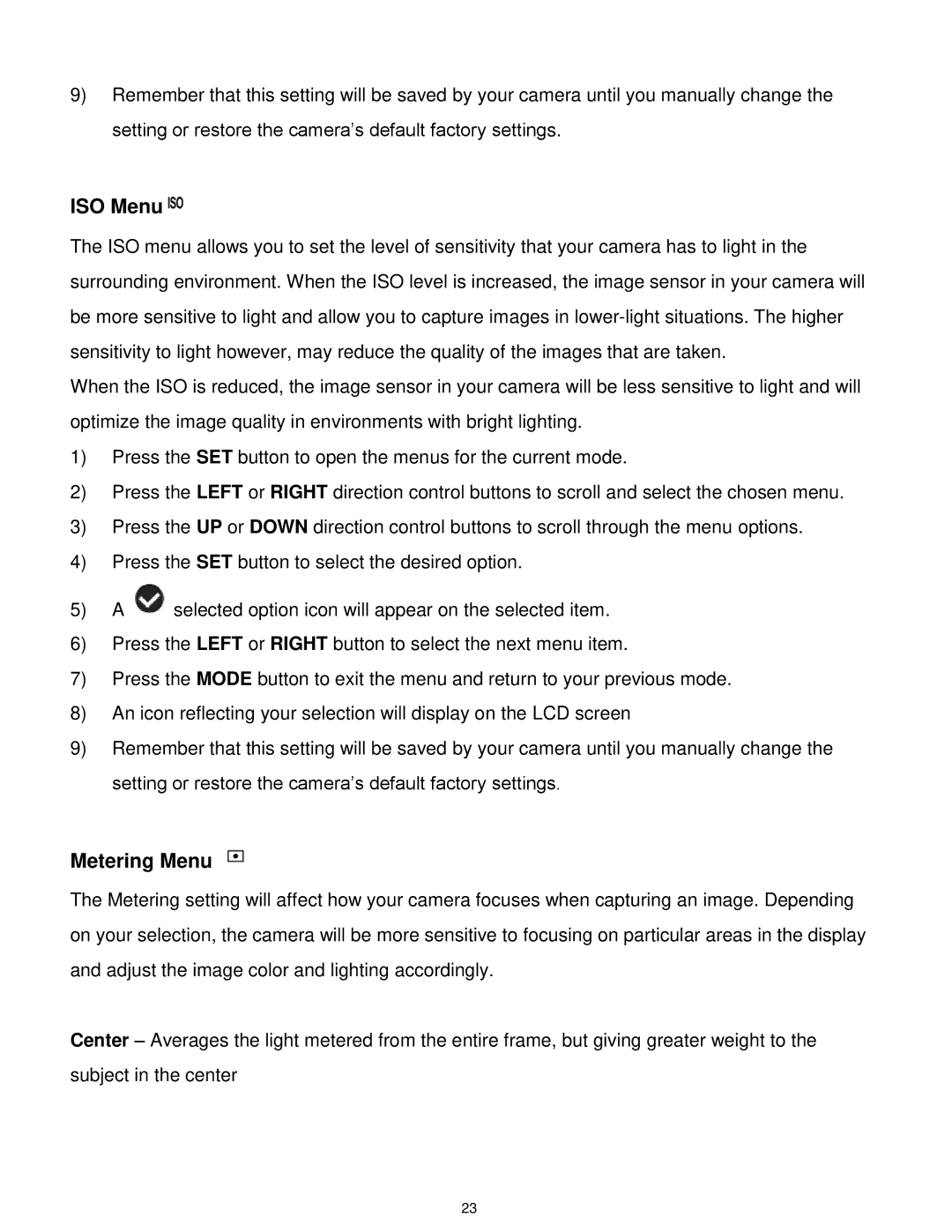 Vivitar X014 user manual ISO Menu, Metering Menu 