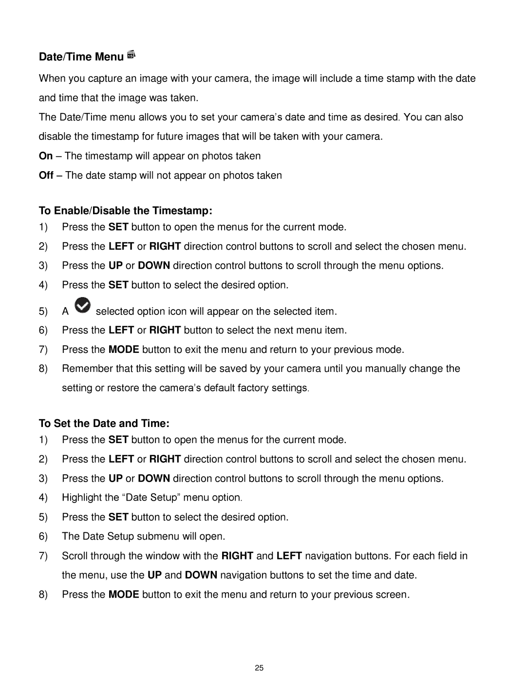 Vivitar X014 user manual Date/Time Menu, To Enable/Disable the Timestamp, To Set the Date and Time 