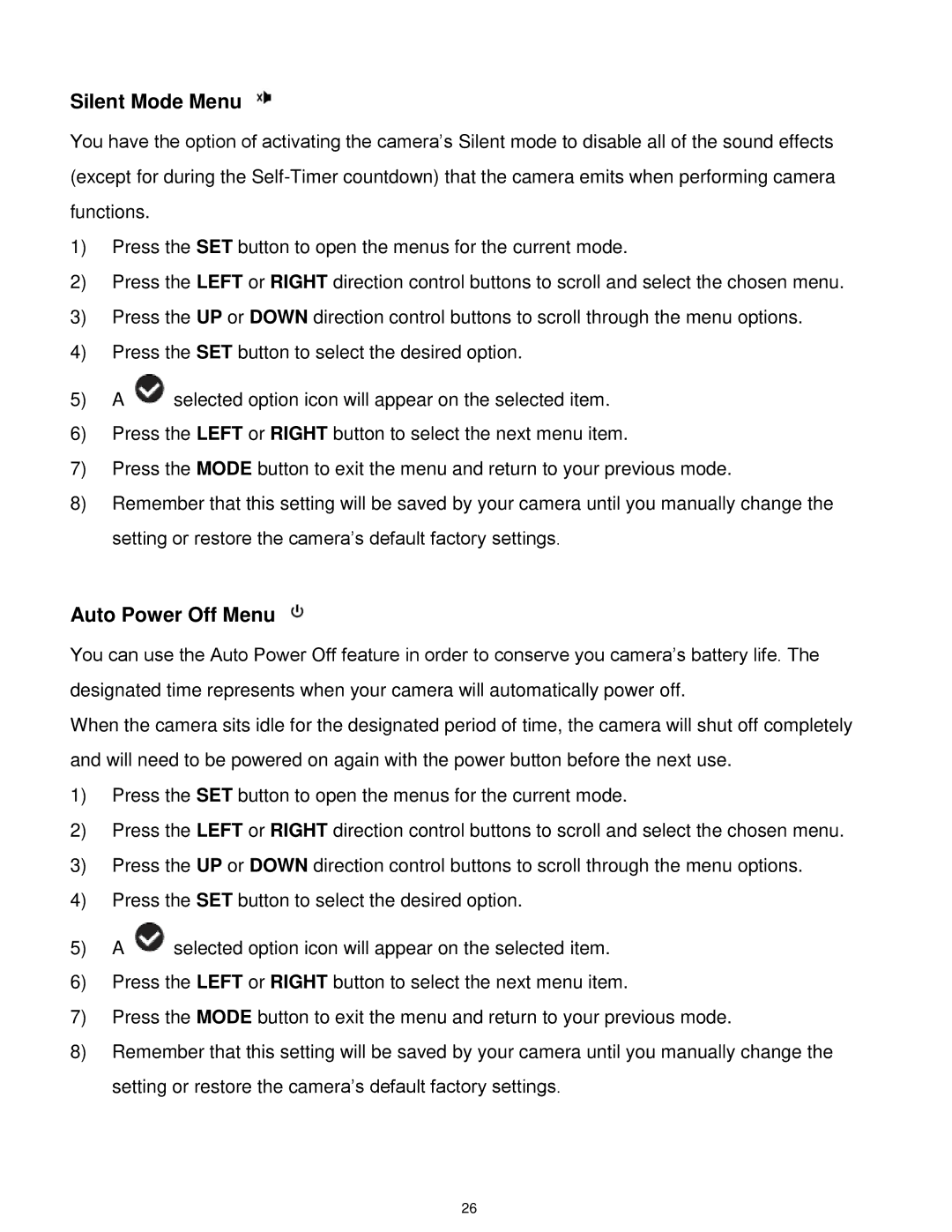 Vivitar X014 user manual Silent Mode Menu, Auto Power Off Menu 