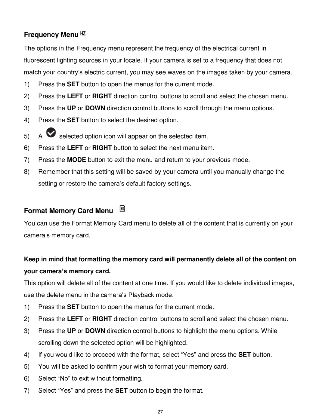 Vivitar X014 user manual Frequency Menu, Format Memory Card Menu 