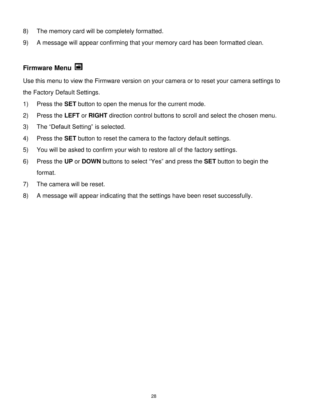 Vivitar X014 user manual Firmware Menu 