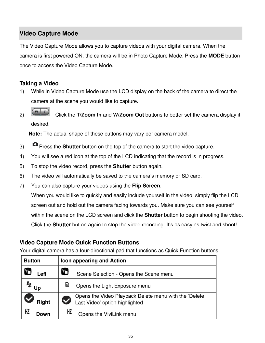 Vivitar X014 user manual Taking a Video, Video Capture Mode Quick Function Buttons 