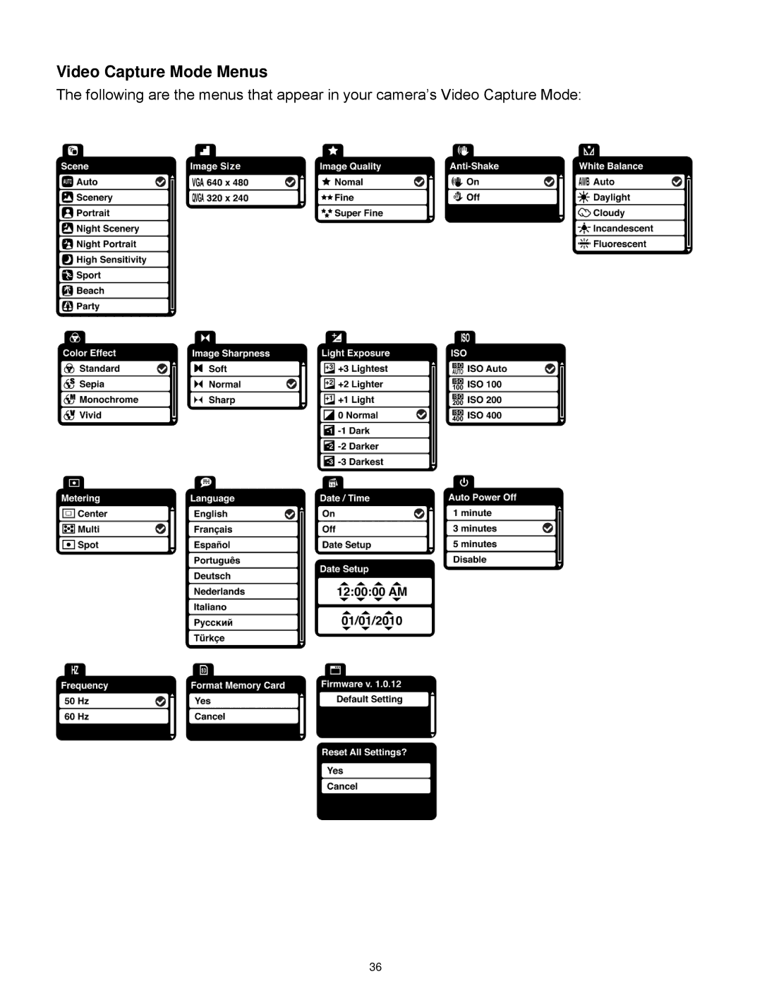 Vivitar X014 user manual Video Capture Mode Menus 