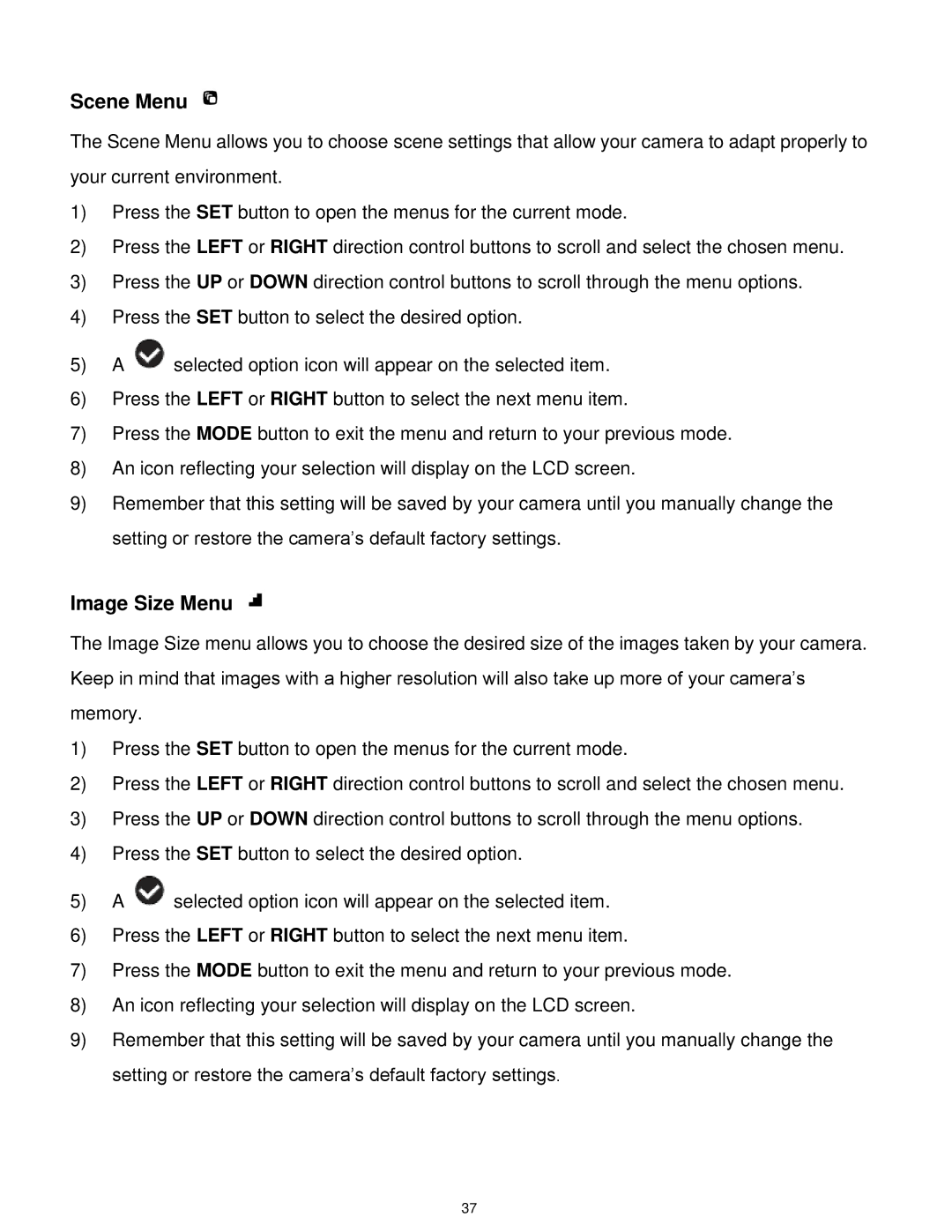 Vivitar X014 user manual Scene Menu, Image Size Menu 