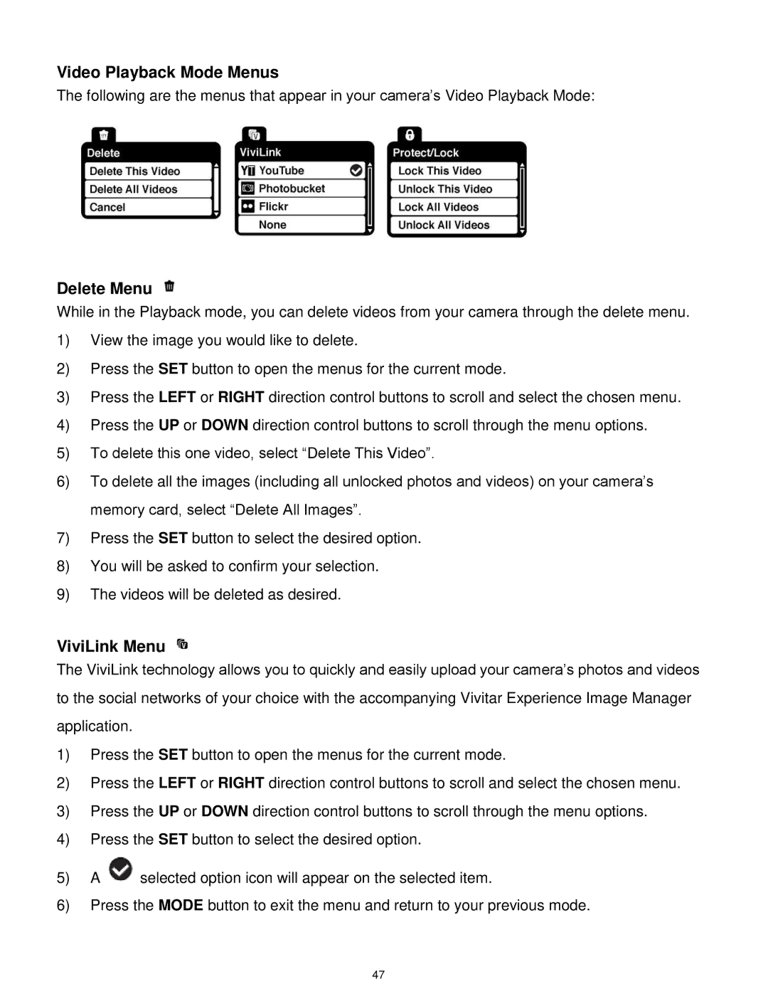 Vivitar X014 user manual Video Playback Mode Menus, Delete Menu 