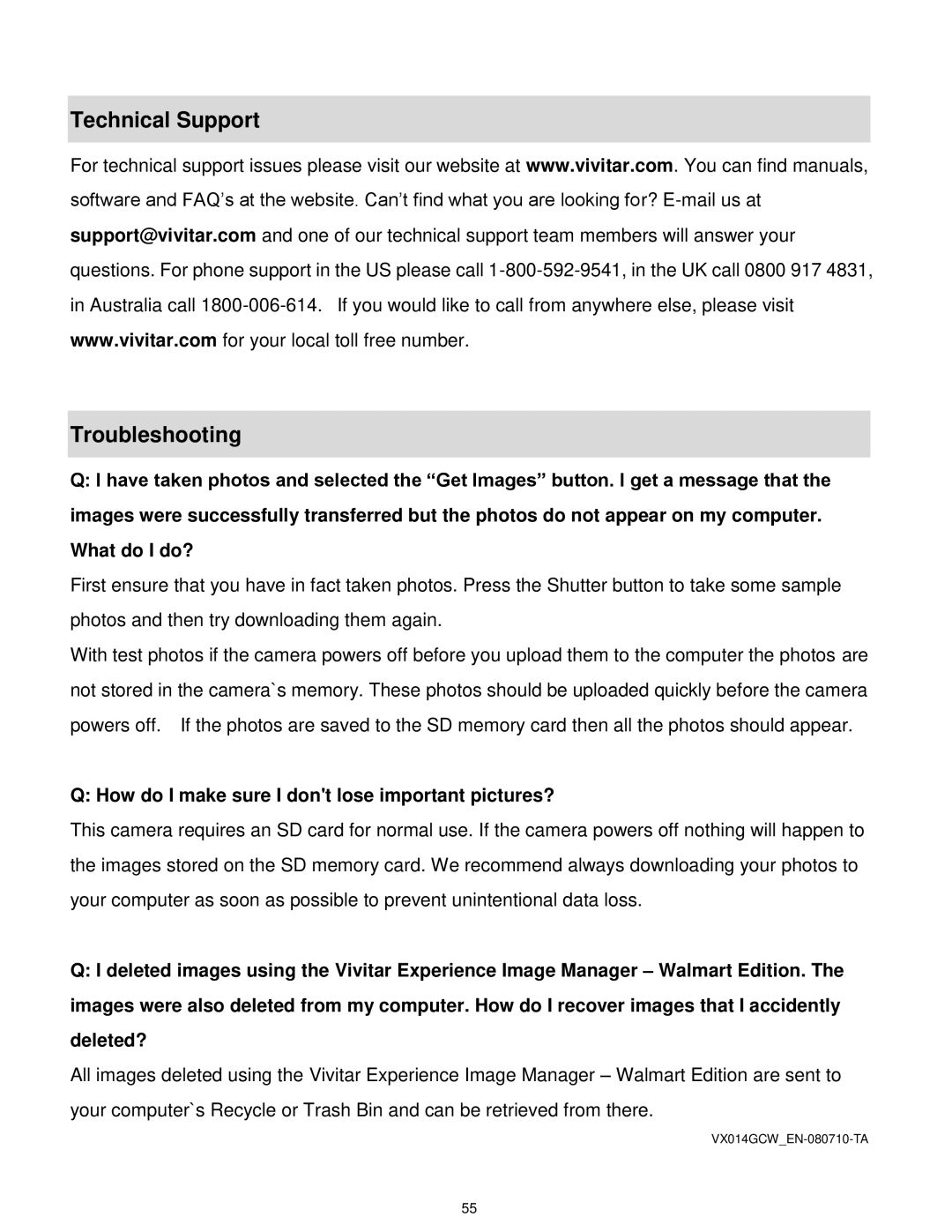 Vivitar X014 user manual Technical Support Troubleshooting, How do I make sure I dont lose important pictures? 