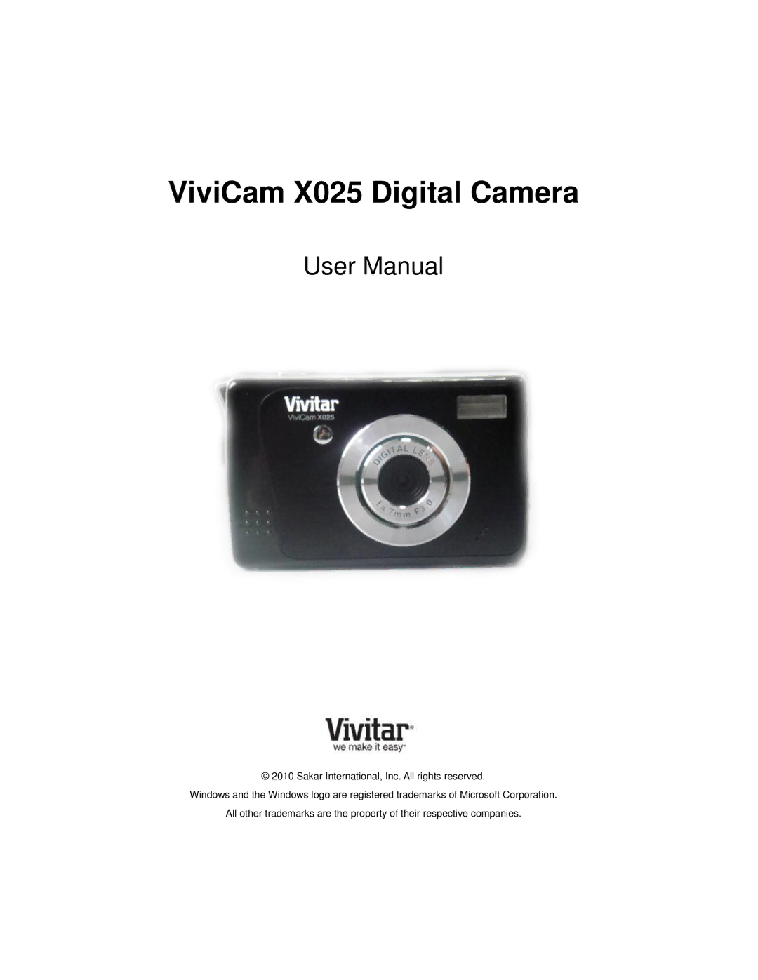 Vivitar VX025-BLACK user manual ViviCam X025 Digital Camera 