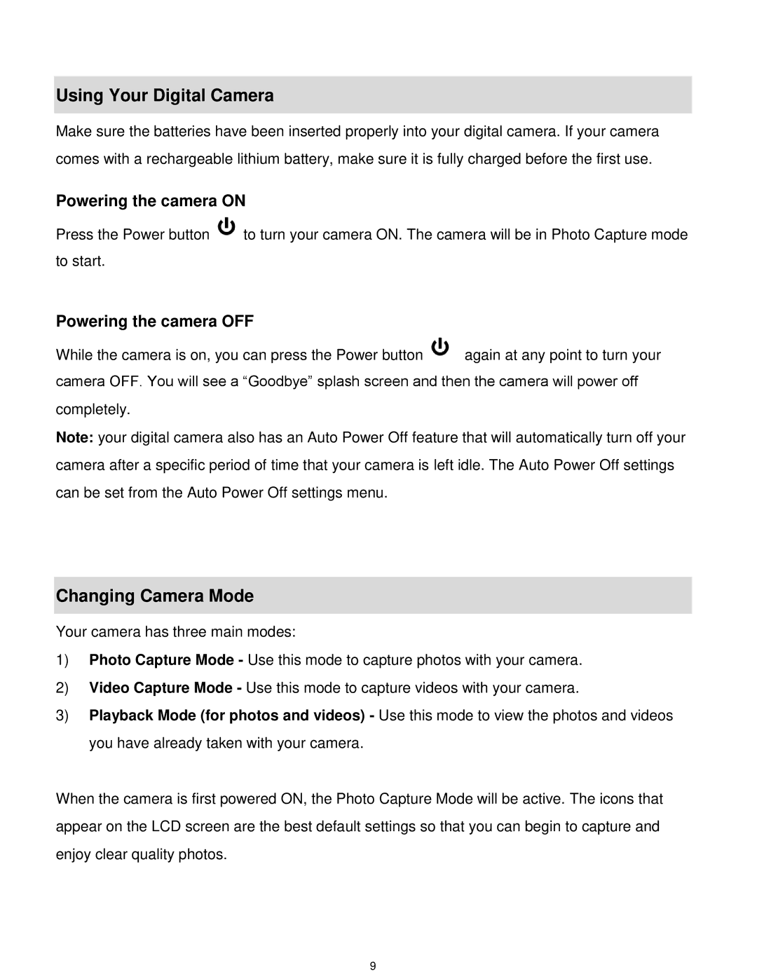 Vivitar VX025-BLACK user manual Using Your Digital Camera, Changing Camera Mode, Powering the camera OFF 