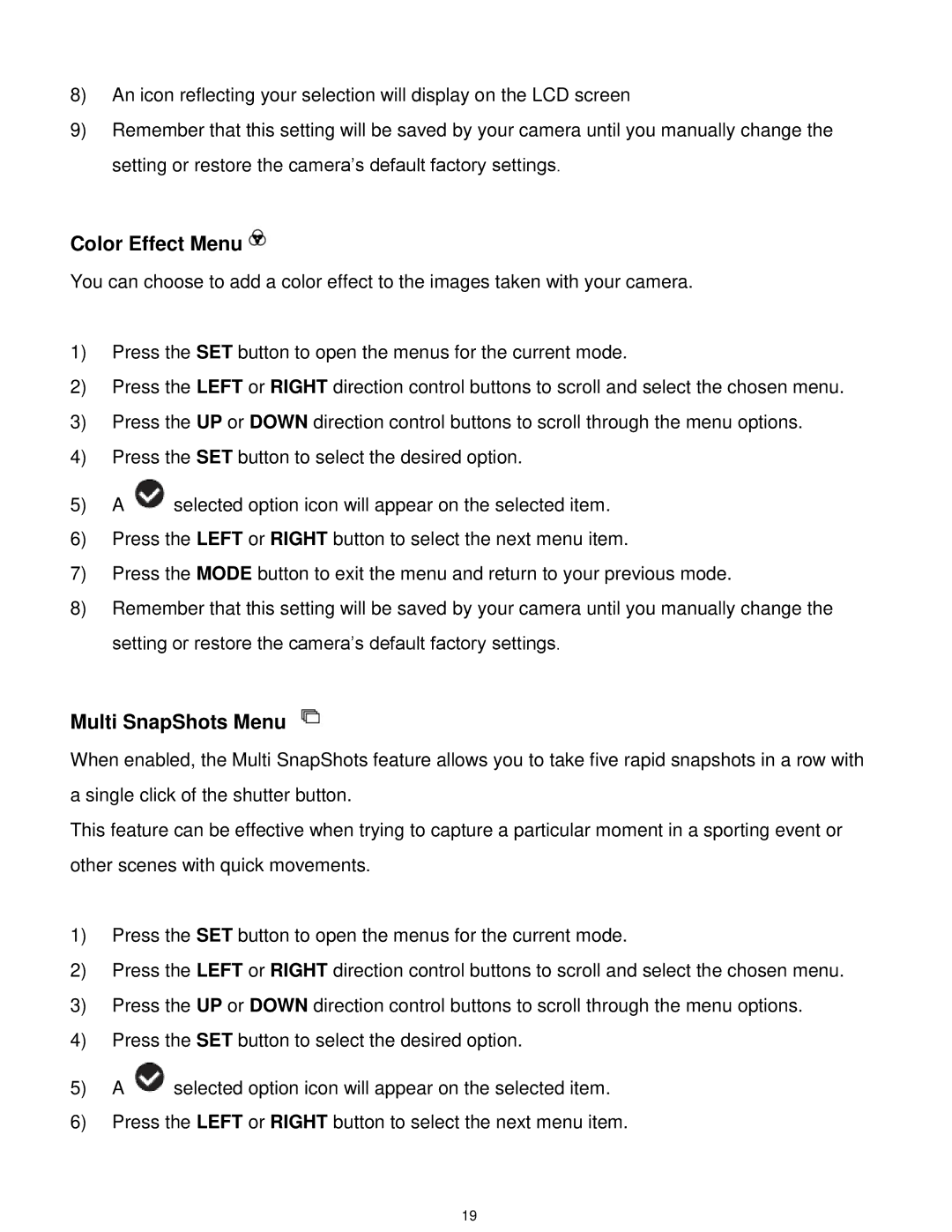 Vivitar VX025-BLACK user manual Color Effect Menu, Multi SnapShots Menu 