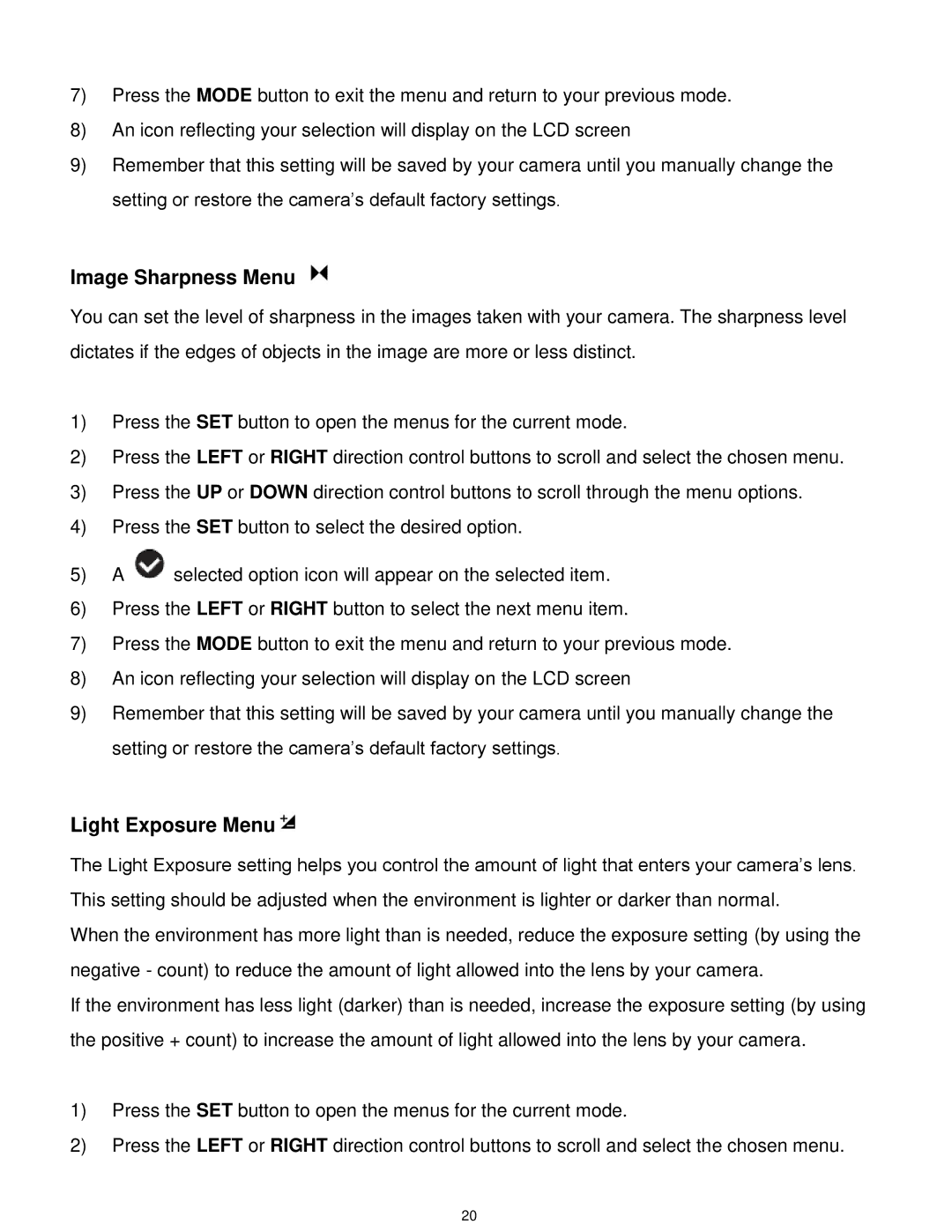 Vivitar VX025-BLACK user manual Image Sharpness Menu, Light Exposure Menu 