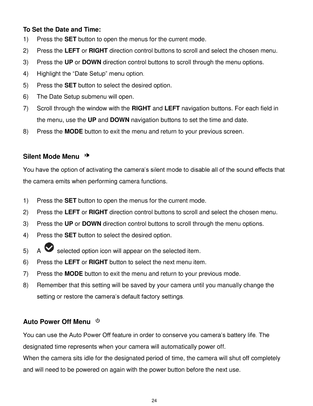 Vivitar VX025-BLACK user manual To Set the Date and Time, Silent Mode Menu, Auto Power Off Menu 