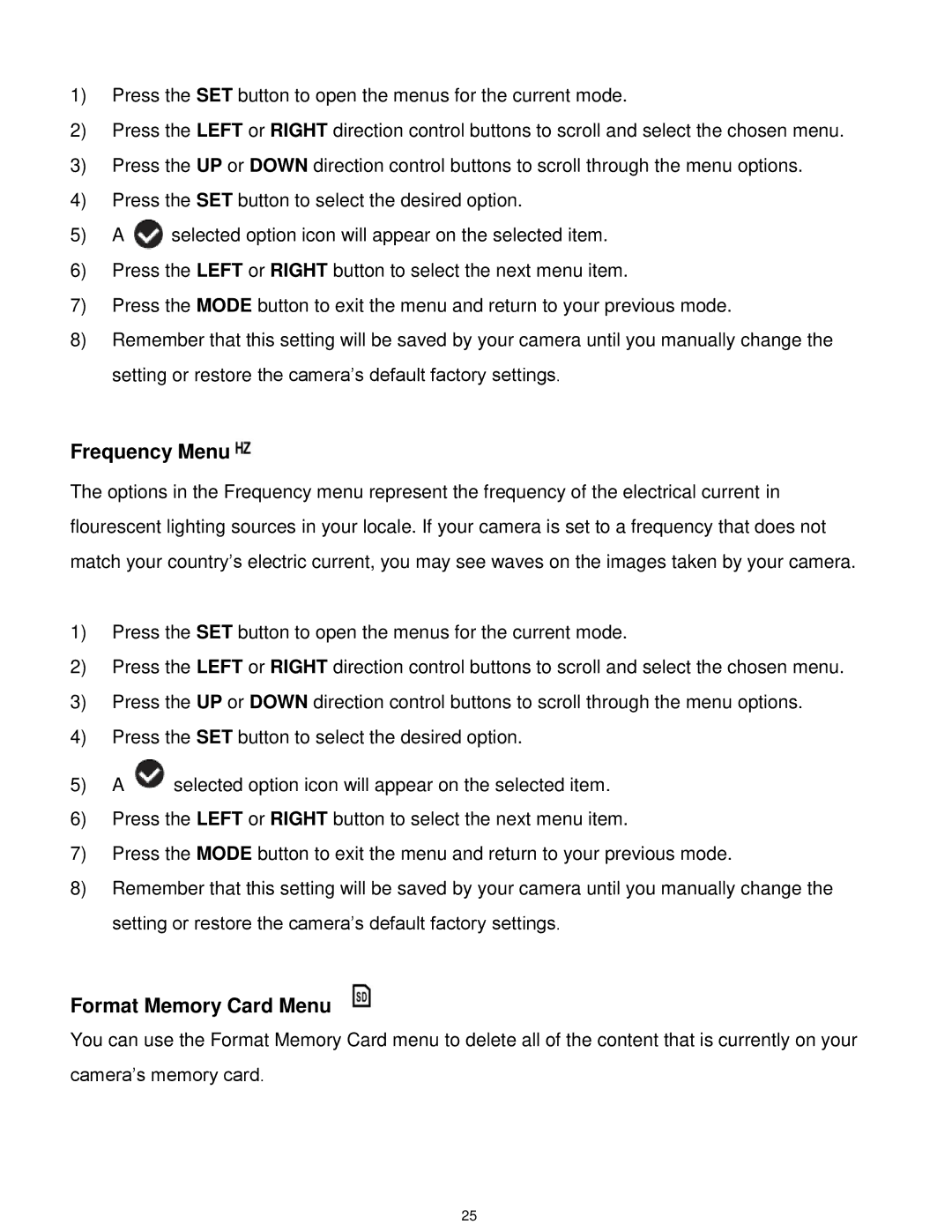 Vivitar VX025-BLACK user manual Frequency Menu, Format Memory Card Menu 