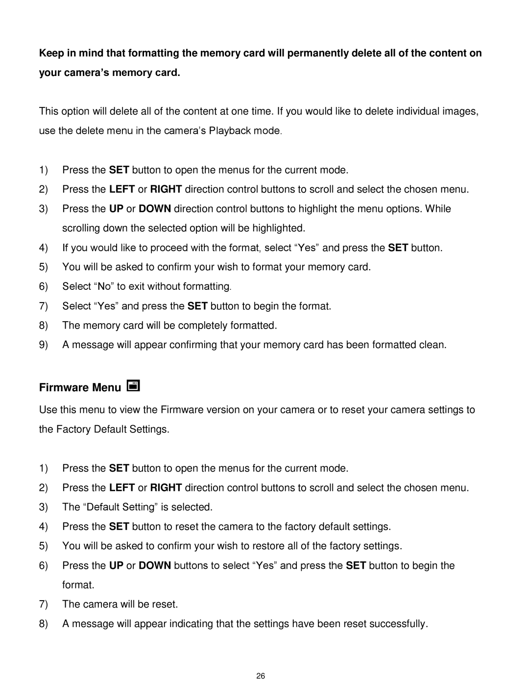 Vivitar VX025-BLACK user manual Firmware Menu 