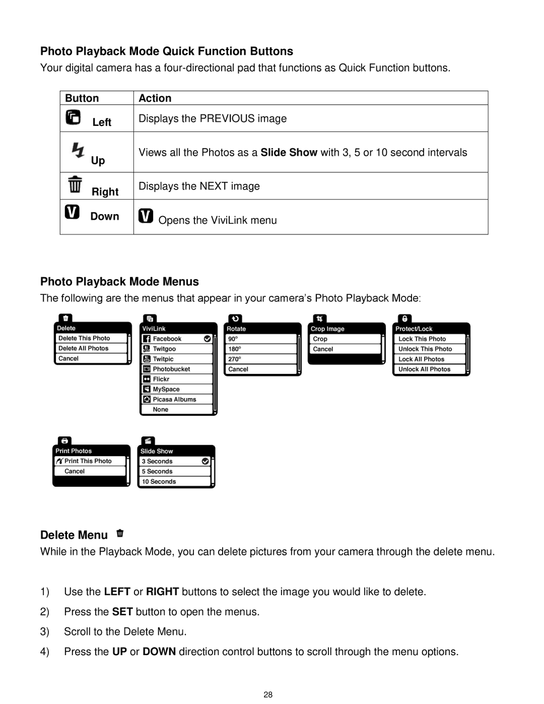 Vivitar VX025-BLACK user manual Photo Playback Mode Quick Function Buttons, Photo Playback Mode Menus, Delete Menu 