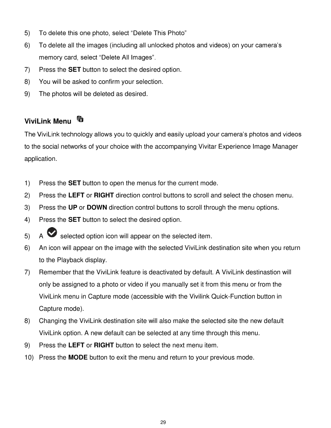 Vivitar VX025-BLACK user manual ViviLink Menu 