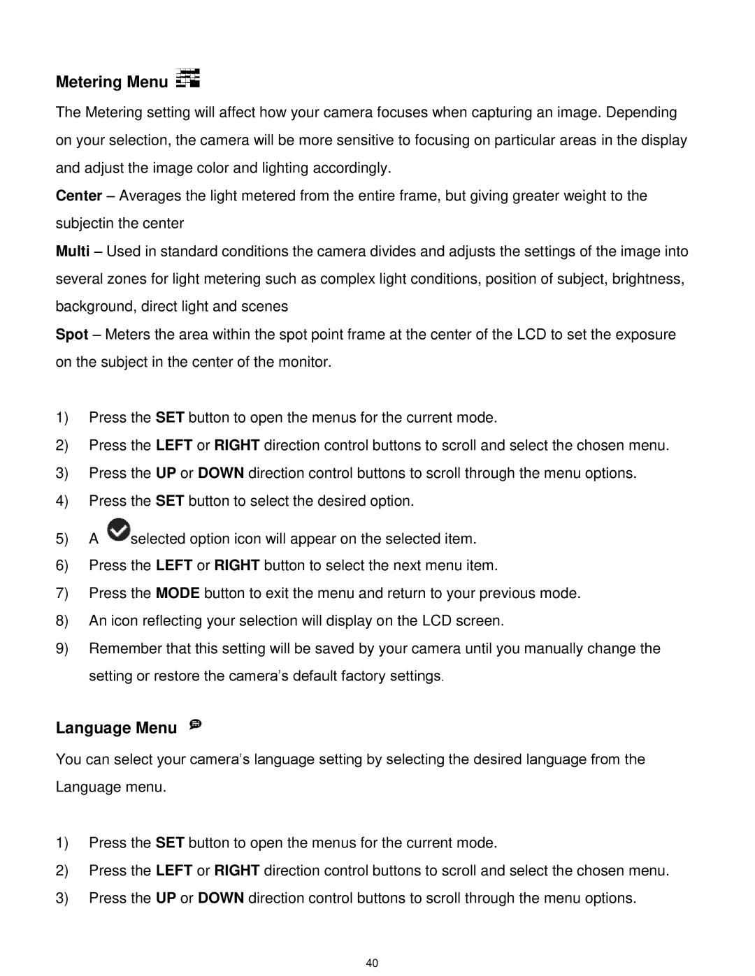 Vivitar VX025-BLACK user manual Metering Menu 