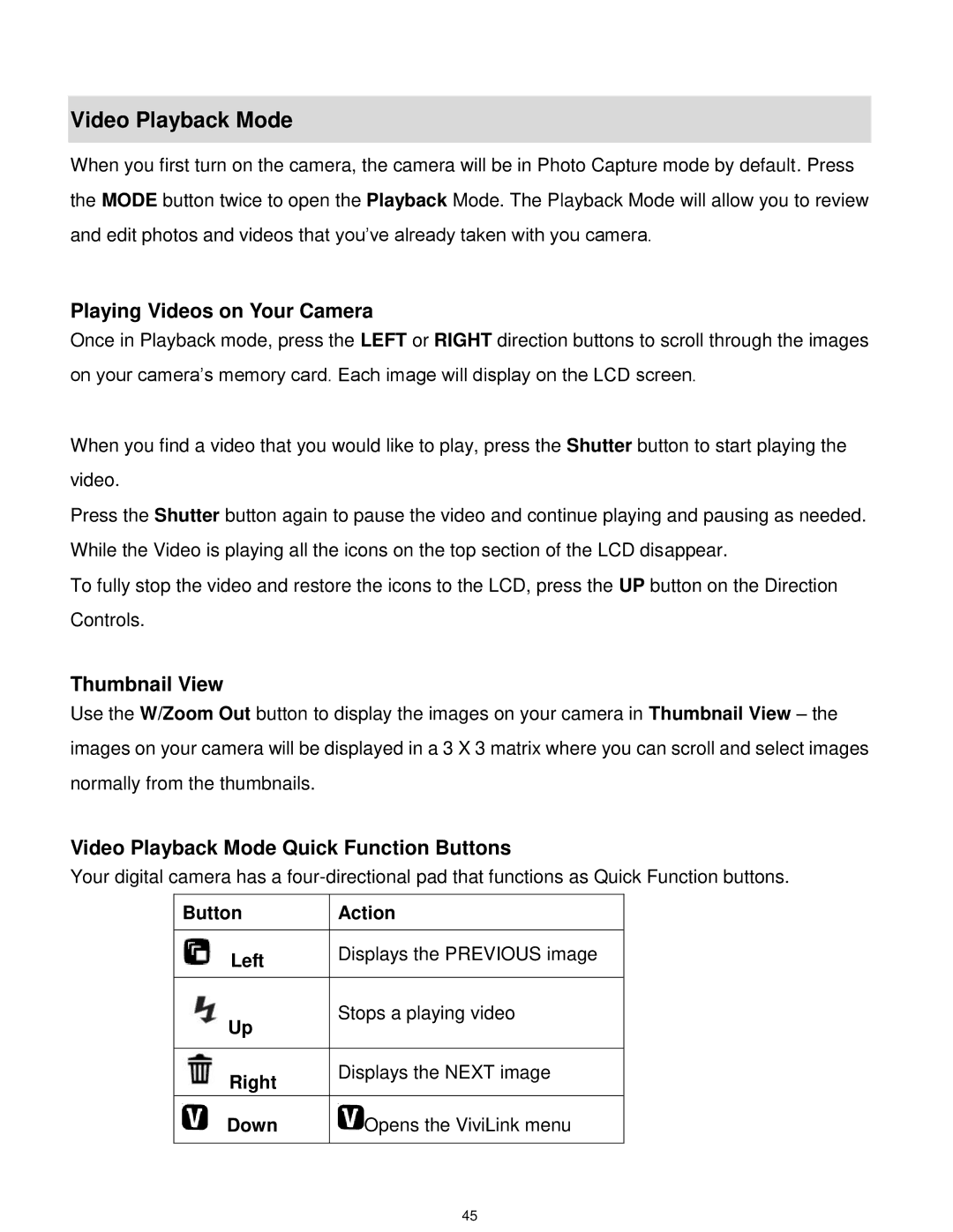 Vivitar VX025-BLACK user manual Playing Videos on Your Camera, Video Playback Mode Quick Function Buttons 