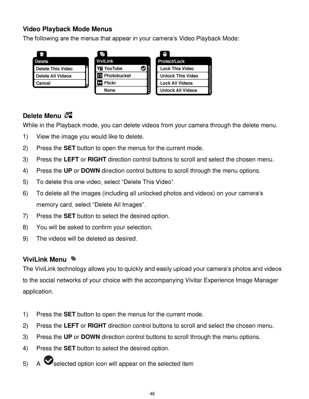 Vivitar VX025-BLACK user manual Video Playback Mode Menus, Delete Menu 