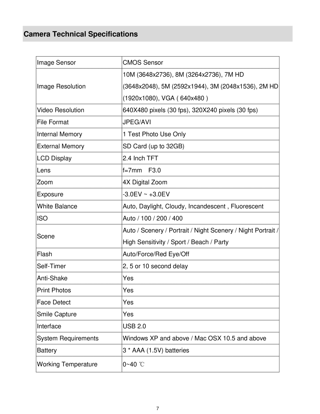 Vivitar VX025-BLACK user manual Camera Technical Specifications, Jpeg/Avi 