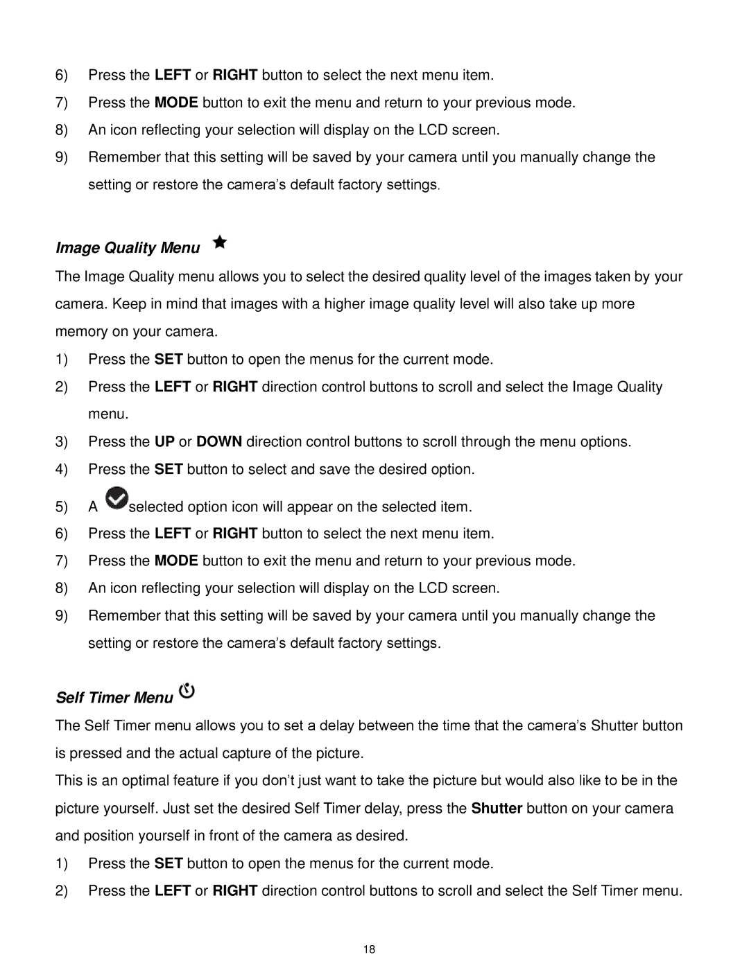 Vivitar X028 user manual Image Quality Menu, Self Timer Menu 