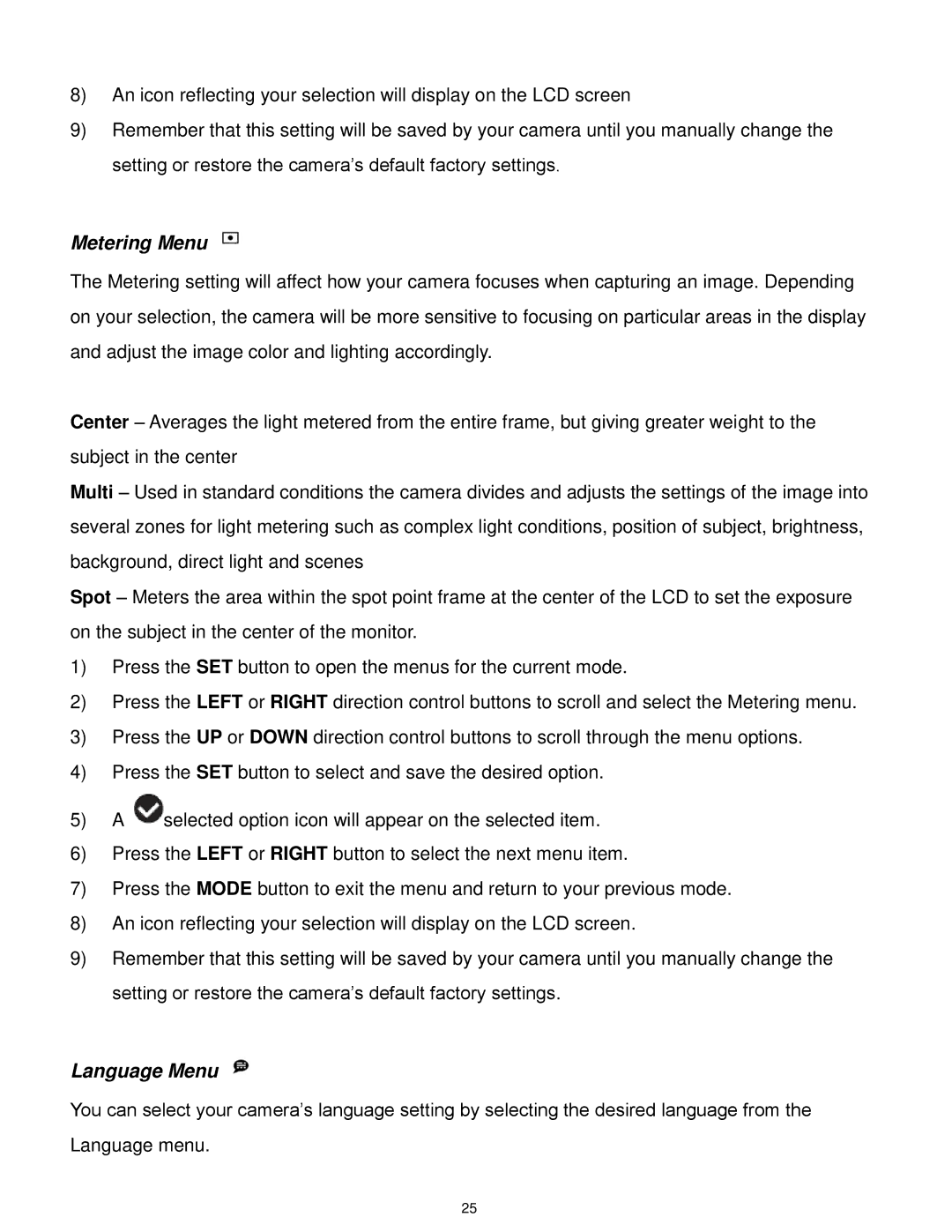 Vivitar X028 user manual Metering Menu, Language Menu 