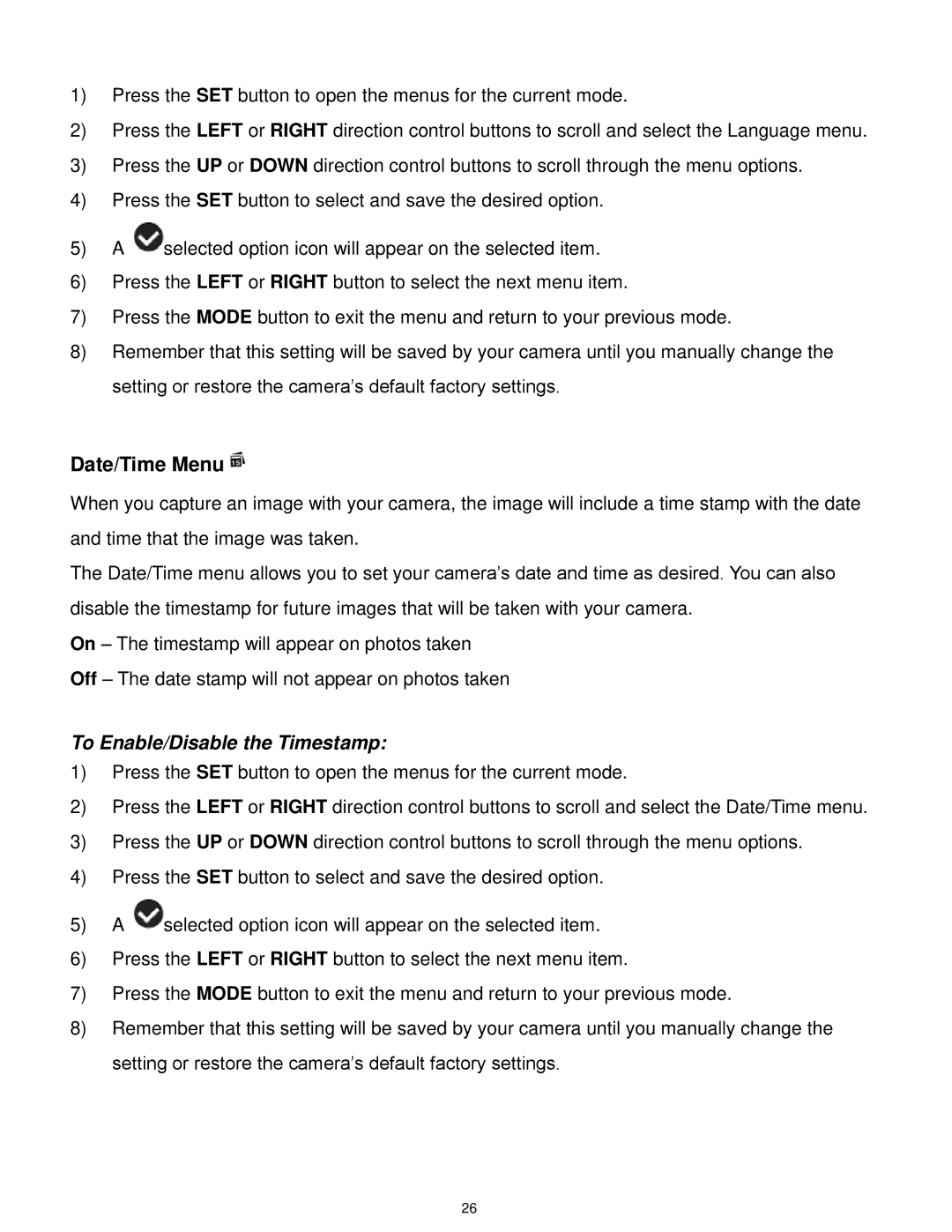 Vivitar X028 user manual Date/Time Menu, To Enable/Disable the Timestamp 