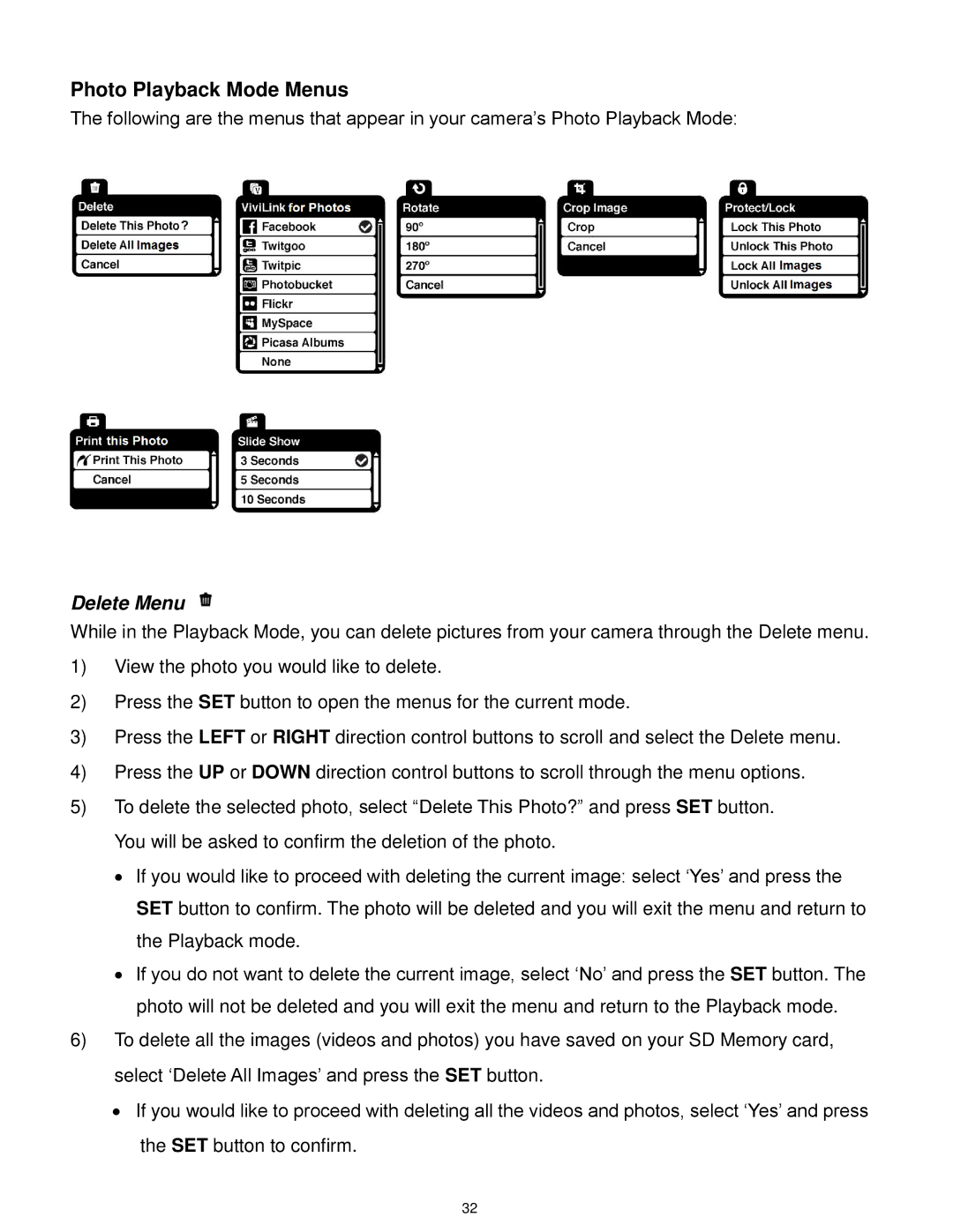 Vivitar X028 user manual Photo Playback Mode Menus, Delete Menu 