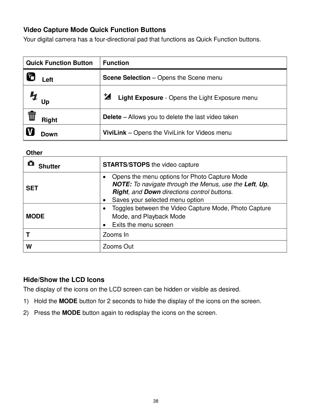 Vivitar X028 user manual Video Capture Mode Quick Function Buttons, Hide/Show the LCD Icons 