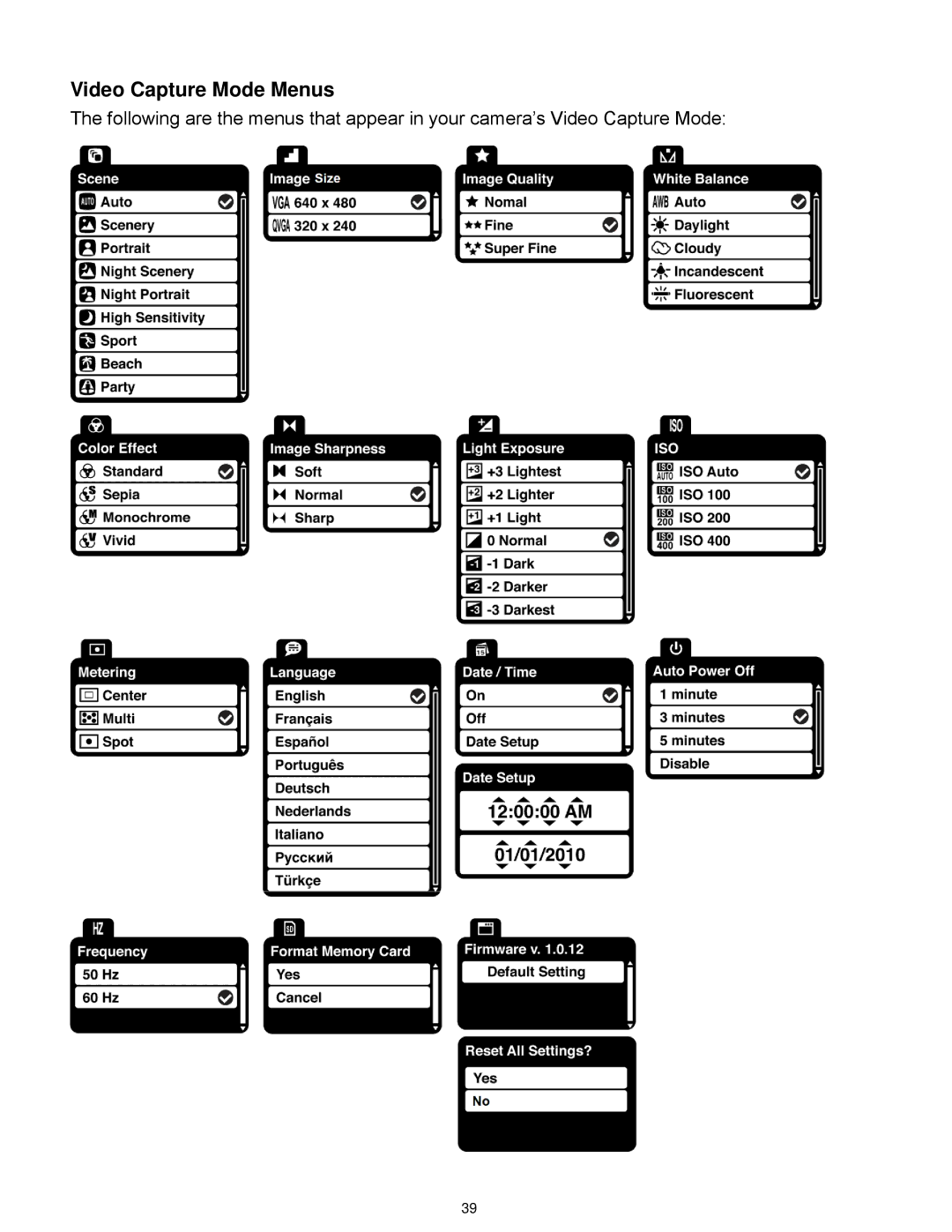 Vivitar X028 user manual Video Capture Mode Menus 