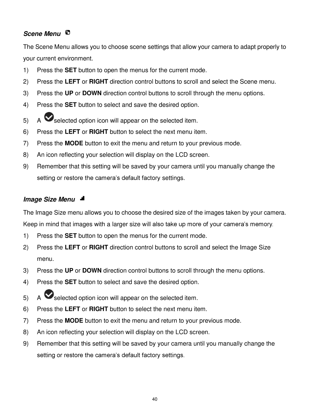 Vivitar X028 user manual Scene Menu, Image Size Menu 