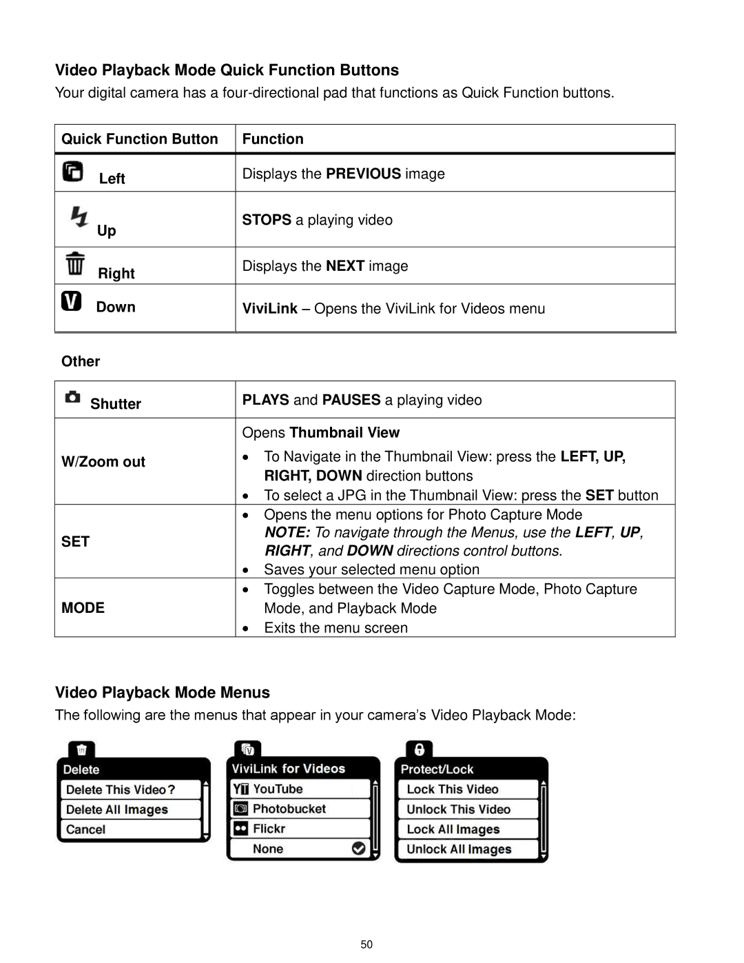 Vivitar X028 user manual Video Playback Mode Quick Function Buttons, Video Playback Mode Menus 