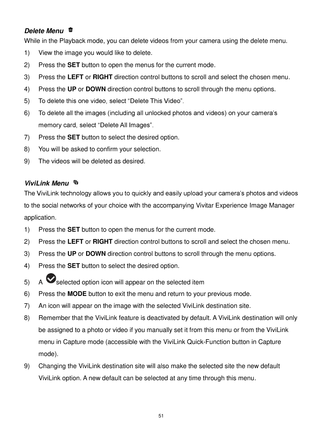 Vivitar X028 user manual Delete Menu 