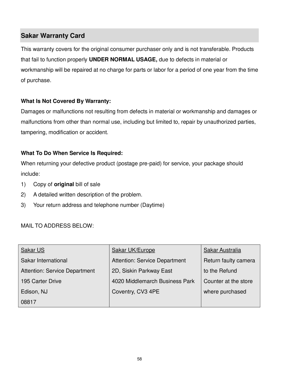 Vivitar X028 user manual Sakar Warranty Card, What Is Not Covered By Warranty 