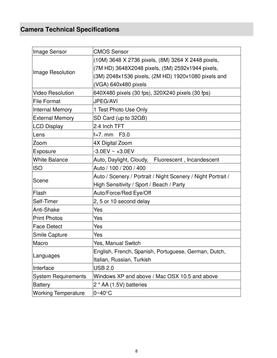 Vivitar X028 user manual Camera Technical Specifications, Jpeg/Avi 