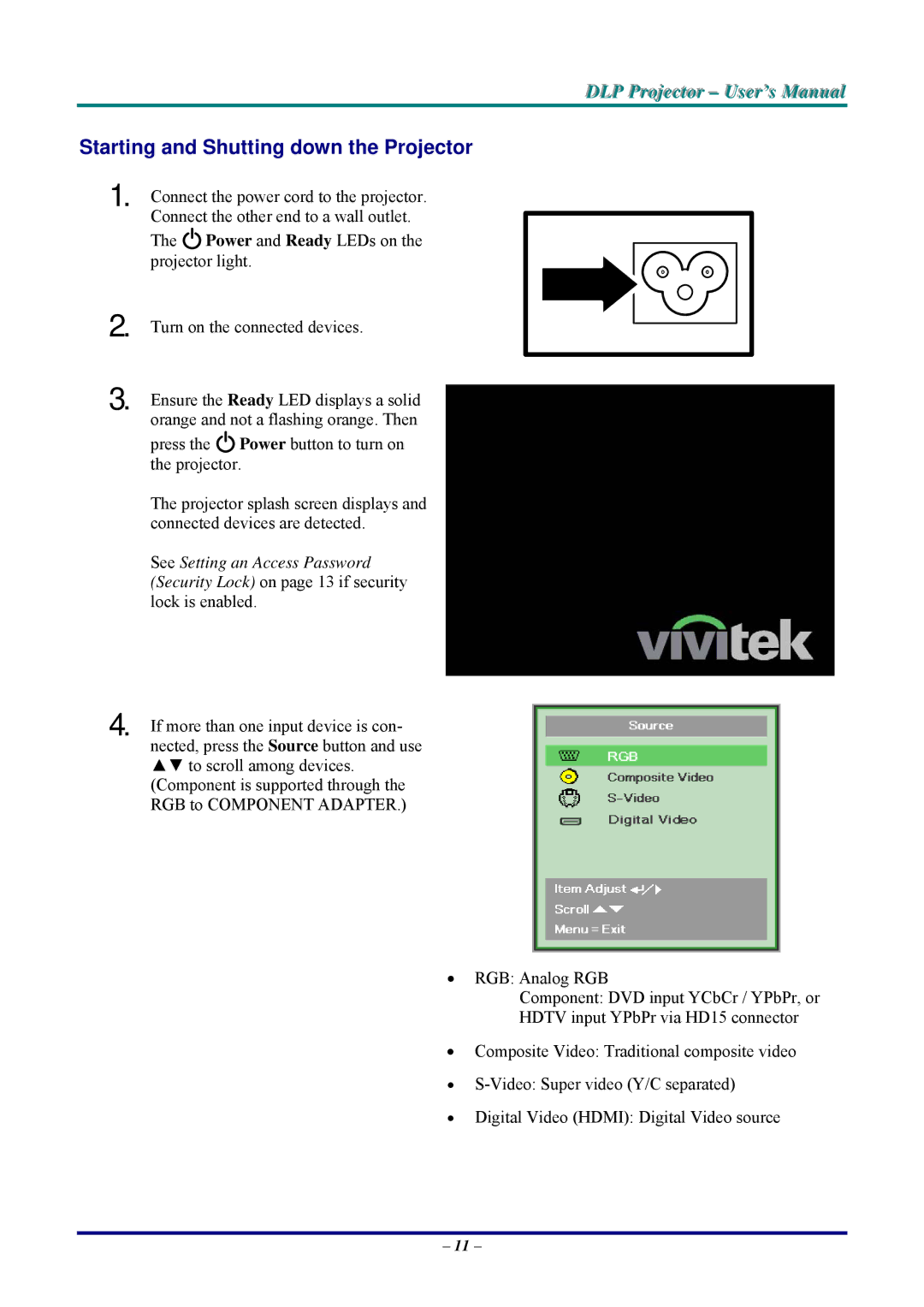 Vivitek D326MX, D326WX manual Starting and Shutting down the Projector 