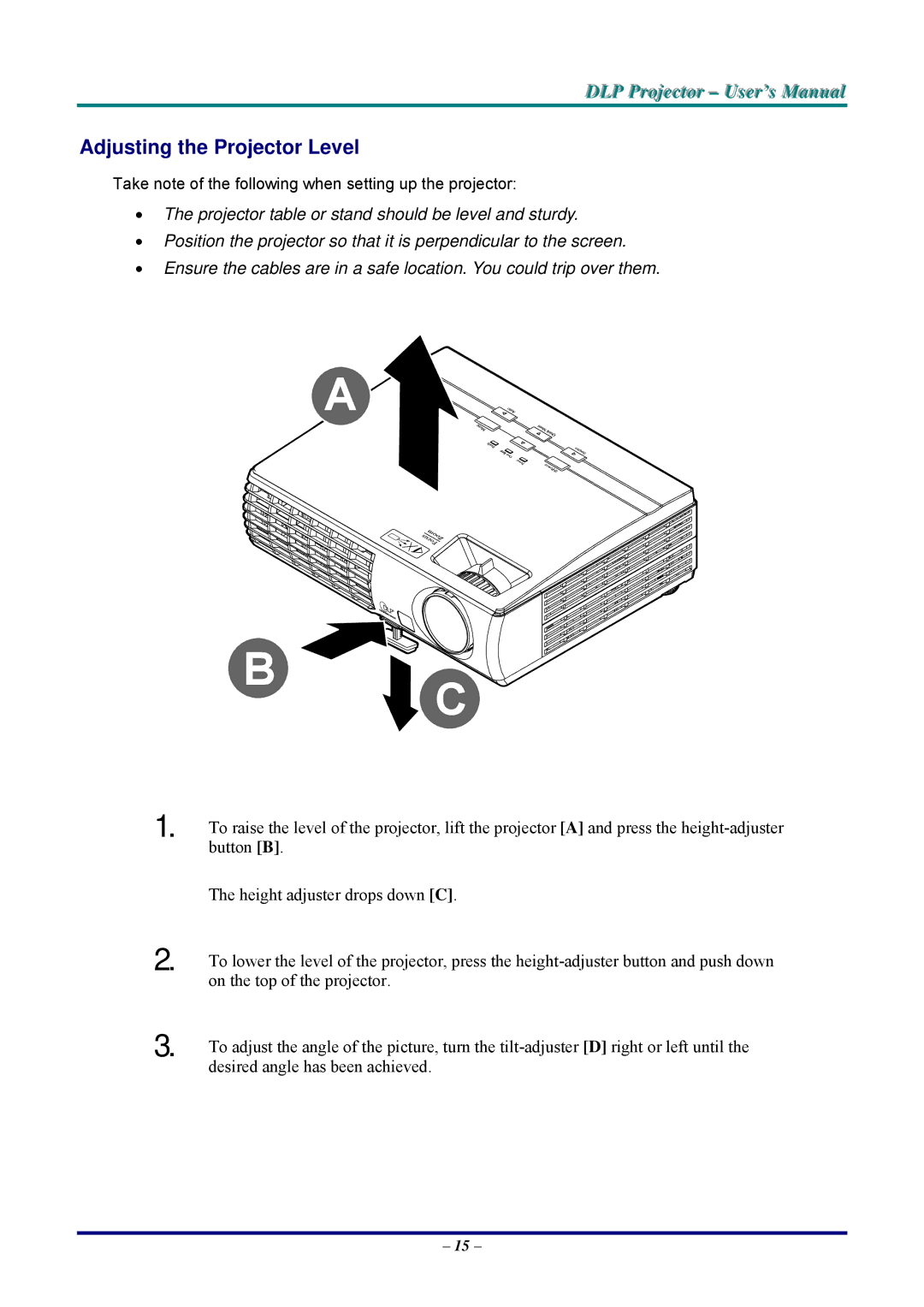 Vivitek D326WX, D326MX manual Adjusting the Projector Level 