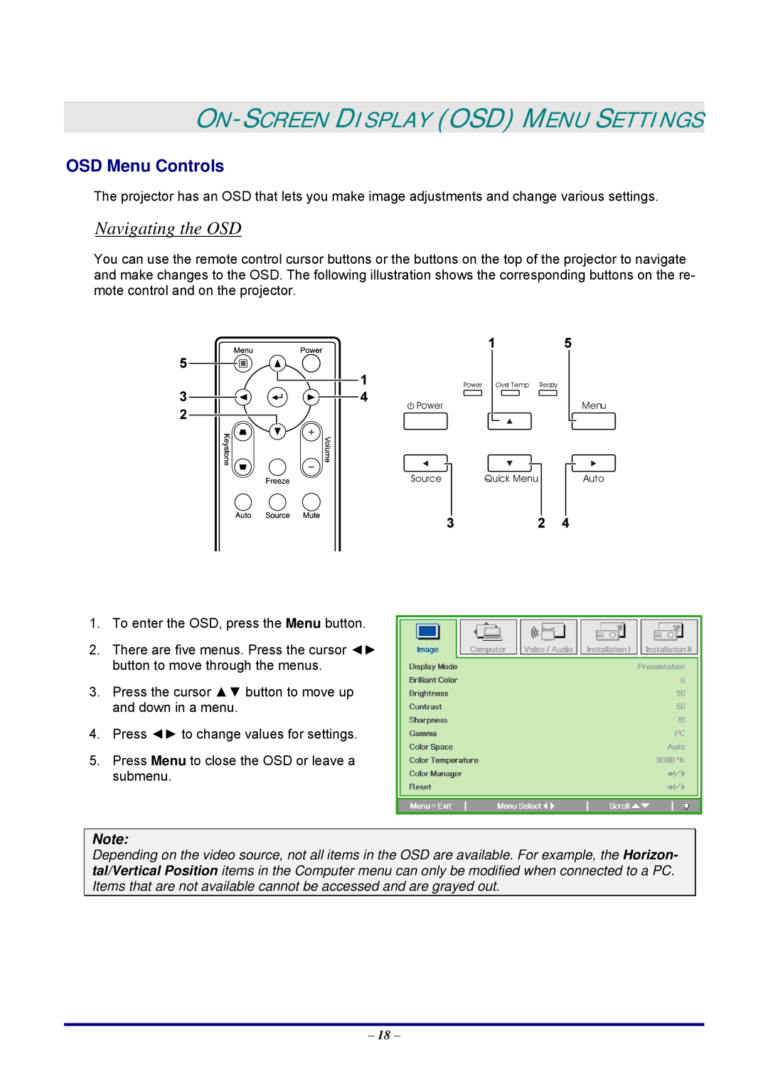 Vivitek D326WX, D326MX manual ON-SCREEN Display OSD Menu Settings, Navigating the OSD, OSD Menu Controls 