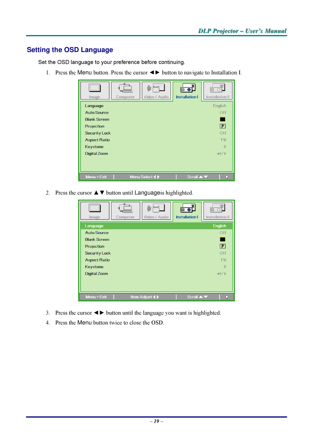 Vivitek D326WX, D326MX manual Setting the OSD Language 