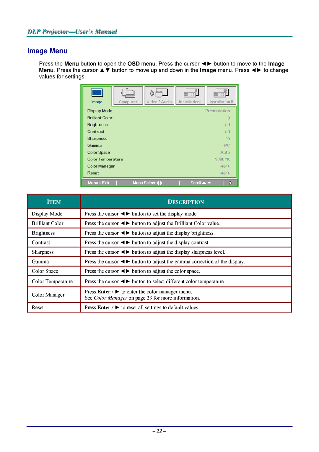 Vivitek D326WX, D326MX manual Image Menu 