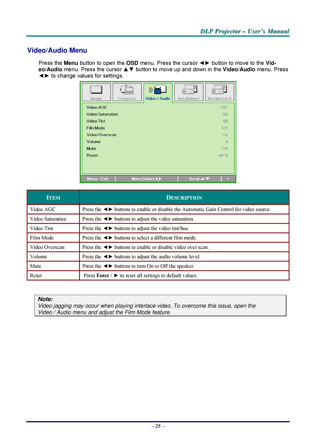 Vivitek D326WX, D326MX manual Video/Audio Menu 