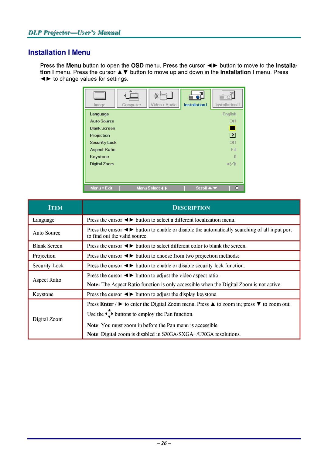 Vivitek D326MX, D326WX manual Installation I Menu 