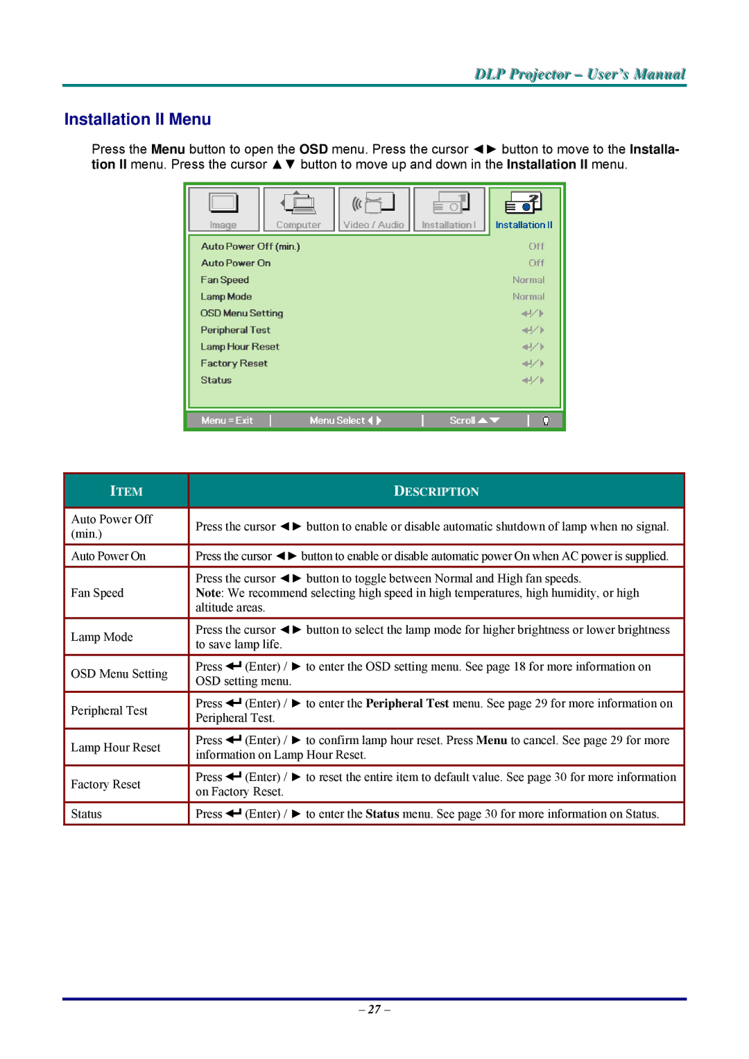 Vivitek D326WX, D326MX manual Installation II Menu 